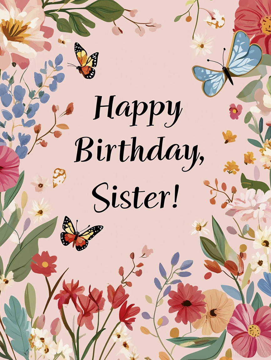 Flowers and elegant details on a minimalistic image for wishing a happy birthday to a sister.