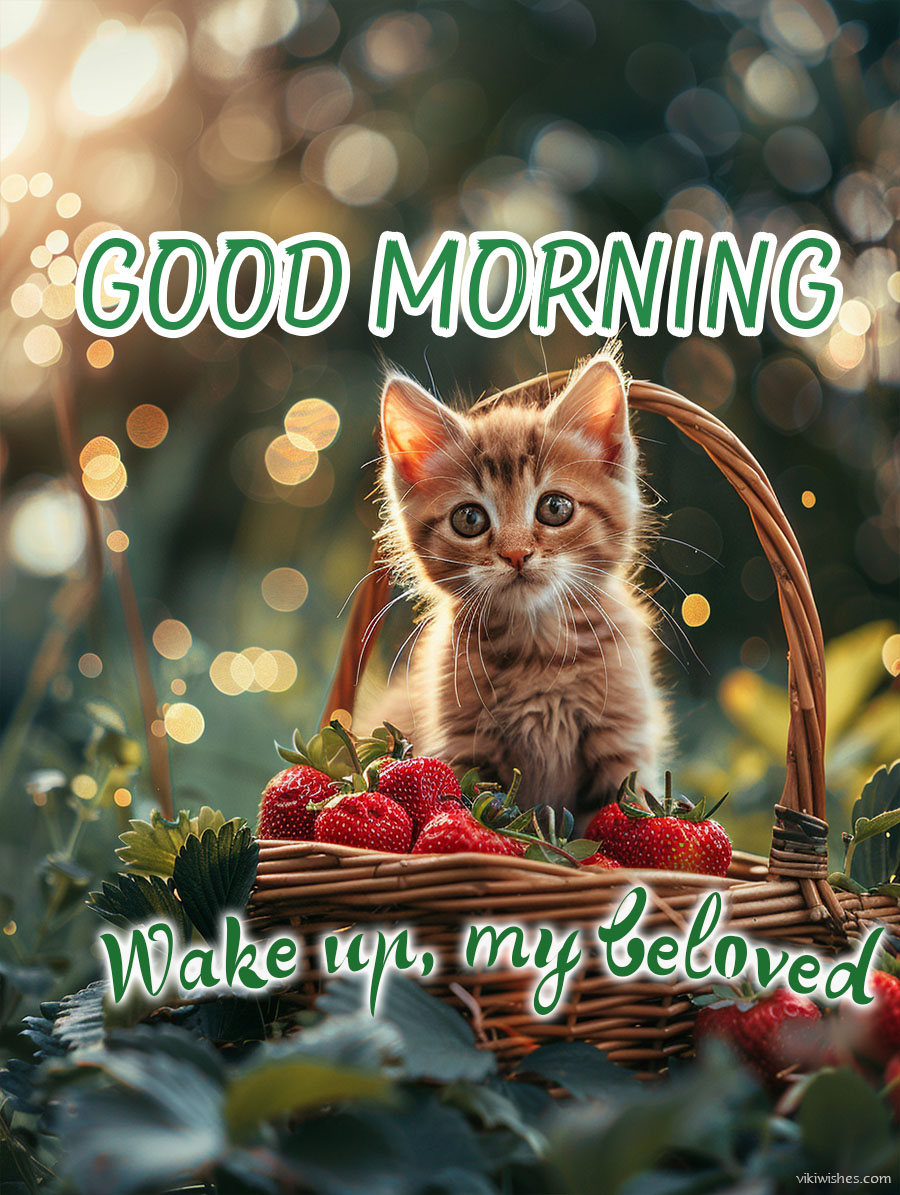 Cute kitten wish you for good morning in summer