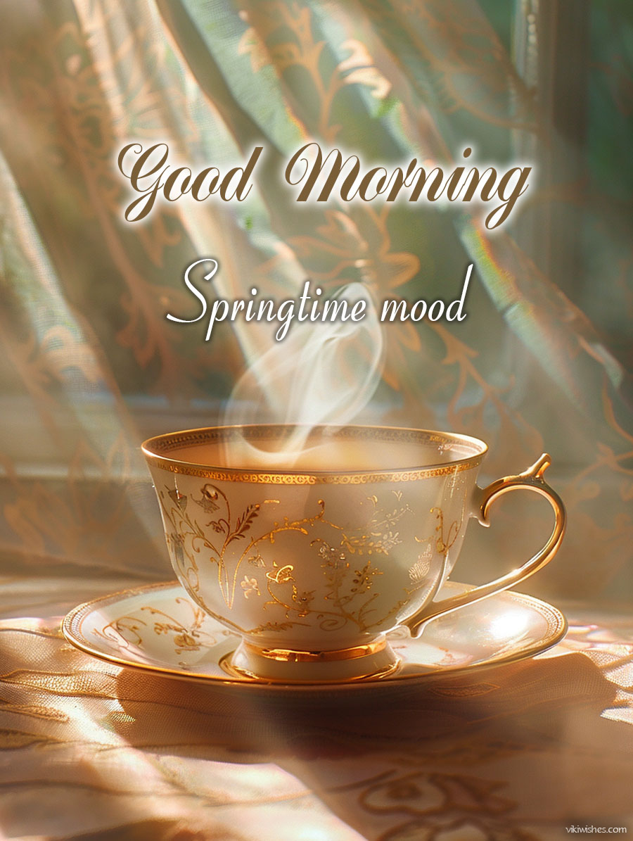 A cup of steaming tea, an image of a spring good morning