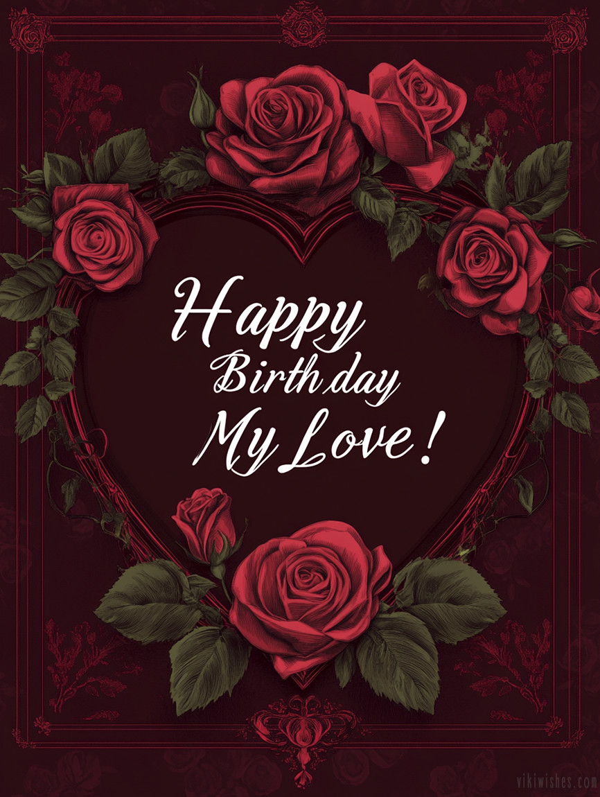 A beautiful red-colored image about love, wishing a happy birthday from a husband to his wife.